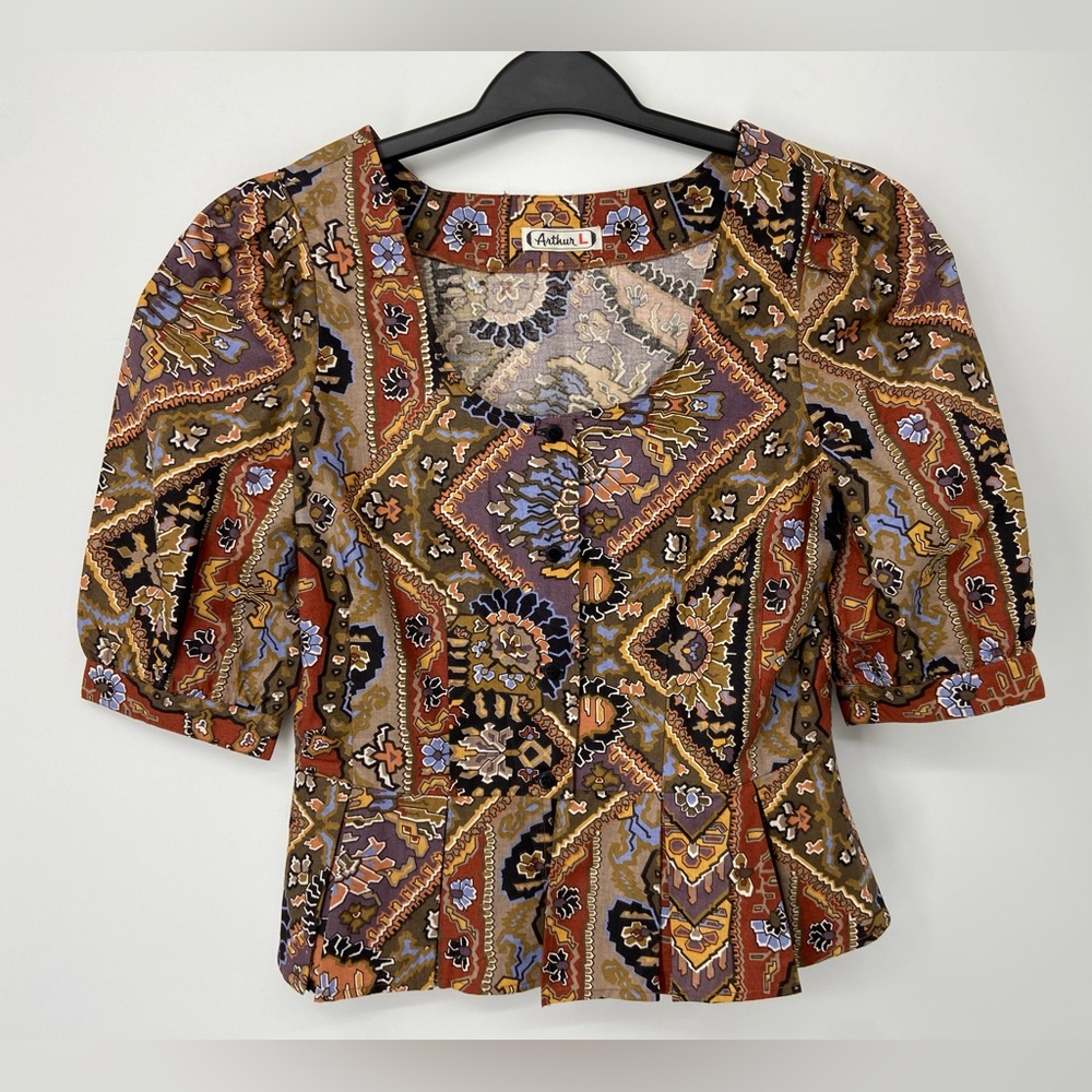 Vintage Cotton Blouse short Sleeve, Scoop Neck Peplem waist Size Large